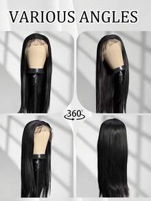 合成耐热前蕾丝假发，带婴儿头发 13*4 26 英寸黑色直发，完全机器制造，适合日常使用，高品质，适合女性，自然美丽，高品质合成柔软假发 - 黑色 - 查看 3