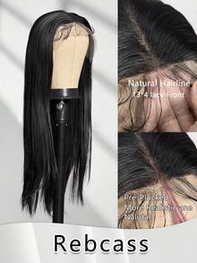 合成耐热前蕾丝假发，带婴儿头发 13*4 26 英寸黑色直发，完全机器制造，适合日常使用，高品质，适合女性，自然美丽，高品质合成柔软假发 - 黑色 - 查看 2