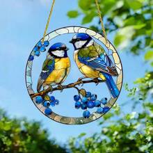 1pc Elegant Blue Titmouse Catcher, 2D Colored Glass Style Acrylic Window Hanging Decor, Circular Home And Garden Ornament, Ideal Birthday Gift For Nature Lovers, Pre-Drilled Weather-Resistant Decoration