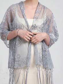 1pc Embroidered Beaded Floral Shawl, Elegant Solid Color Party Shawl, Luxurious Sequin Tassel Shawl, Handmade - Multicolor - View 8