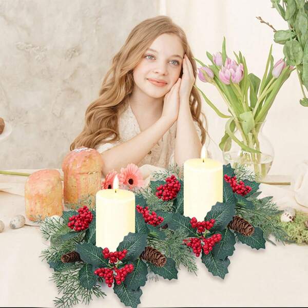1pc New Christmas Decorative Item - Home Candle Holder Wreath, Creative Desktop/Dining Table Arrangement, Wreath Without Candle