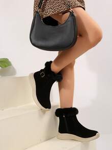 Bottes de neige confortables et moelleuses en patchwork pour femmes, bout rond, fermeture éclair, antidérapantes, plates, décontractées, pour l'extérieur, nouveau style d'hiver, convenant aux doudounes, robes, bottes épaisses et chaudes, bottines, bottes courtes marron - Noir - Voir 2