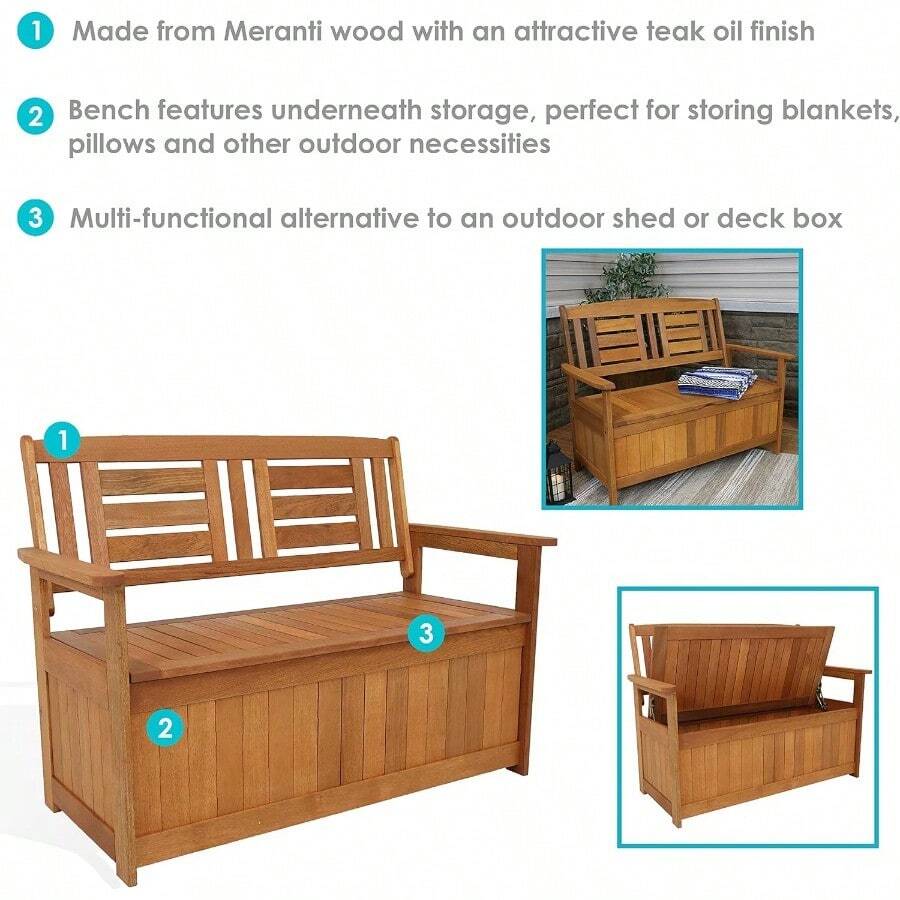 51Inch Meranti Wood Outdoor Storage Bench With Teak Oil Finish SHEIN USA