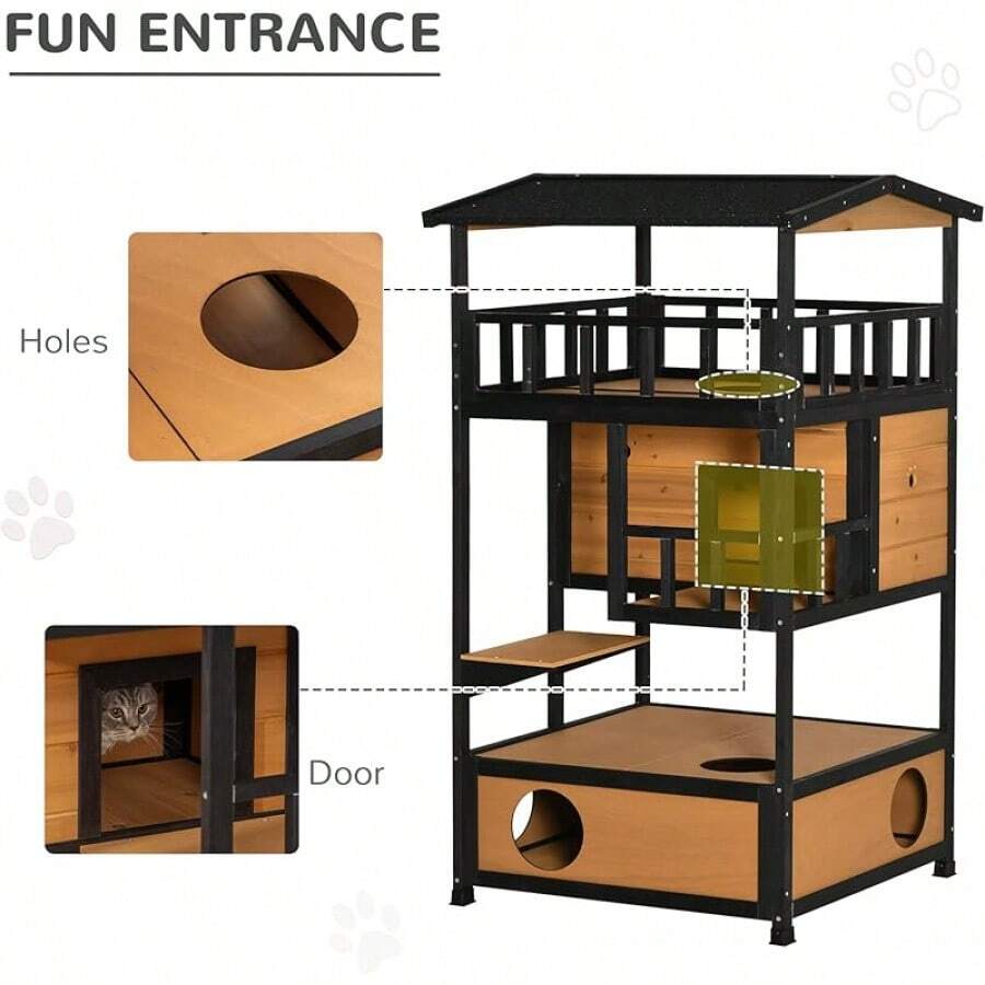 PawHut Wooden Outdoor Cat House, Feral Cat Shelter Kitten Condo With