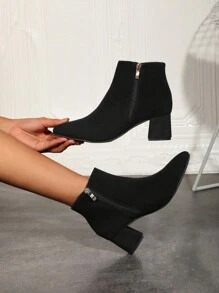 Women's Fashion Elegant High Heel Boots - Casual Comfortable Style, Korean Fashion, Retro Design, Daily Commute, Versatile Casual, Simple Patchwork, Side Zipper, Imitation Knit, Stylish Boots, Chunky Heel Short Boots, High Heel Boots, Suitable For All Seasons