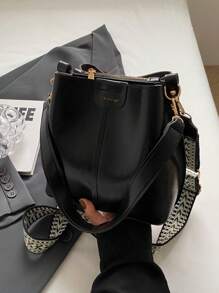 迷你夏季时尚潮流纹理纯色 PU 水桶包复古百搭女士单肩包 - 黑色 - 查看 2