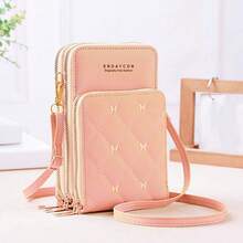 女士蝴蝶刺绣菱形图案多功能大容量手机钱包多隔层斜挎包带卡槽适合上班外出办公室通勤女士生日礼物斜挎手机带钱包吊带手机壳侧包粉色包感恩节 - 粉色 - 查看 2