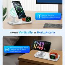 15W 二合一可折叠磁吸无线充电器，快速充电底座，兼容 17/16/15/14/13/12 Pro/Max/Plus、10/9/SE/8/7/6/5/4/3/2，适用于办公室、宿舍和家庭使用 - 白色 - 查看 5