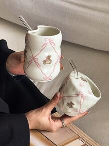 1 套可爱蝴蝶结泰迪熊陶瓷杯（带吸管），高美感设计，适合女孩返校的生日/圣诞节礼物 - 彩色 - 查看 10