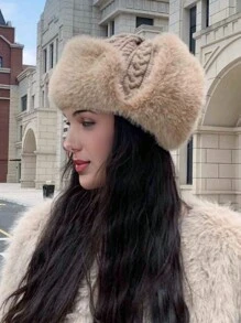 1pc Women's Solid Color Striped Trapper Hat, Fashionable And Versatile Knitted Cable Beanie For Autumn/Winter, Suitable For Outdoor Activities Like Skiing