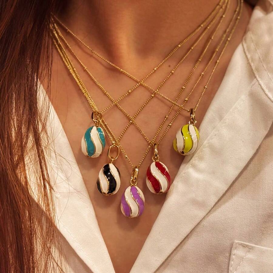 圣诞螺旋漩涡彩色滴釉复活节彩蛋 18K 镀金精致项链 - 琺瑯 - 查看 1