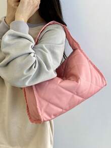 菱形图案大容量单肩斜挎包休闲轻便手提包新款腋下包褶皱托特包 - 粉色 - 查看 3