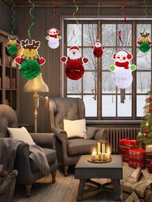 Juego de 6 adornos decorativos colgantes en espiral de panal de abeja para manualidades navideñas, hechos de material de panal de papel, diseñados con patrones de Papá Noel, renos y muñecos de nieve, adecuados para fiestas navideñas, decoración de tiendas y decoraciones para fiestas en el hogar