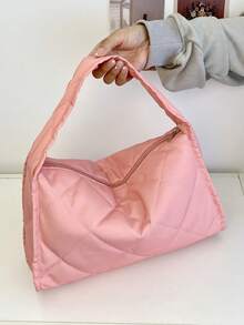 菱形图案大容量单肩斜挎包休闲轻便手提包新款腋下包褶皱托特包 - 粉色 - 查看 2