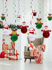 Juego de 6 adornos decorativos colgantes en espiral de panal de abeja para manualidades navideñas, hechos de material de panal de papel, diseñados con patrones de Papá Noel, renos y muñecos de nieve, adecuados para fiestas navideñas, decoración de tiendas y decoraciones para fiestas en el hogar