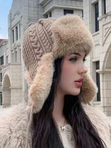 1pc Women's Solid Color Striped Trapper Hat, Fashionable And Versatile Knitted Cable Beanie For Autumn/Winter, Suitable For Outdoor Activities Like Skiing