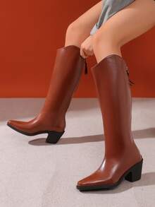 Queenzoo Giày bốt cưỡi ngựa cao gót mũi nhọn thời trang thu đông 2024 mới ôm vừa vặn cho nữ - màu nâu - Xem 4