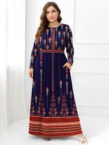 DEARCASE Plus Size Printed Pocket Long Sleeve Dress - Navy Blue - View 1