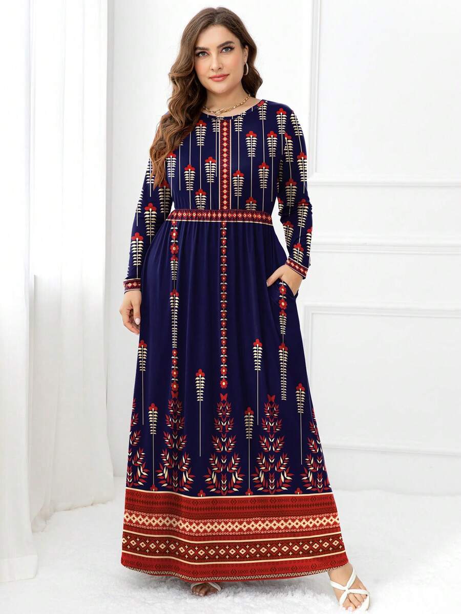 DEARCASE Plus Size Printed Pocket Long Sleeve Dress - Navy Blue - View 1