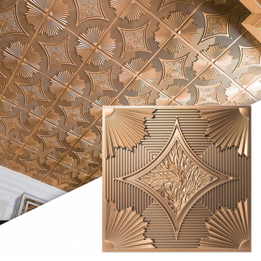 Art3d 12Pcs Drop In Ceiling Tiles 24x24 In Bronze,PVC 3D Wainscoting Panels Glue Up For For Home Decor,Living Room,Bedroom,TV Backdrop,Office,Waterproof,Class A Fire-Rated,Lightweight,48 Sq.Ft - 銅色 - 查看 1