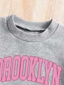 Girls Letter Print Crew Neck Sweatshirt And Sweatpants Set - Grey - View 3