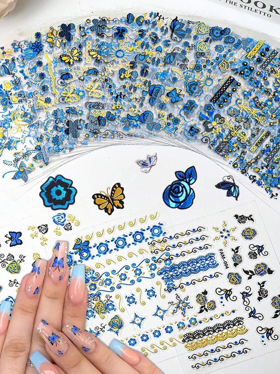 30 件 3D 蓝色蝴蝶美甲贴纸，自粘式奢华蓝色蝴蝶美甲贴花全息激光花朵指甲设计银叶排蕾丝指甲 - 彩色 - 查看 1