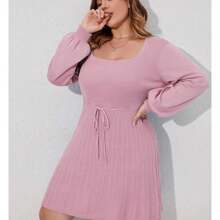 Plus Size Casual Sweater Dress For Women - Stylish Above Knee Length With Tie Waist, Long Lantern Sleeves, Square Neck, Available In Apricot, Army Green, Black, Grey, Purple, Pink, And Blue - Perfect For Autumn And Winter Wear - 粉紅深皮紅A658 - 查看 1