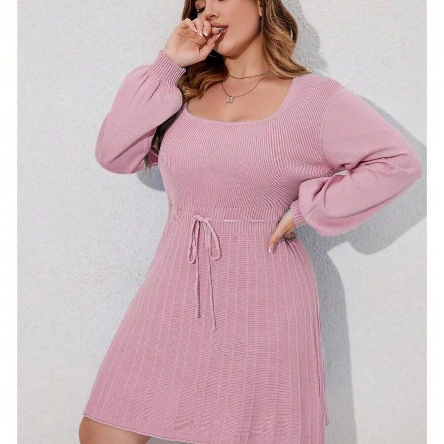 Plus Size Casual Sweater Dress For Women - Stylish Above Knee Length With Tie Waist, Long Lantern Sleeves, Square Neck, Available In Apricot, Army Green, Black, Grey, Purple, Pink, And Blue - Perfect For Autumn And Winter Wear - 粉紅深皮紅A658 - 查看 1