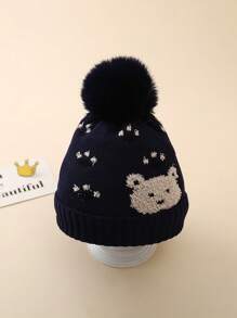1 chiếc mũ len trẻ em Jacquard Bear Paw Fuzzy Ball, mũ trượt tuyết ấm áp dành cho cả nam và nữ Y2K ngoài trời chống gió, mũ len thường ngày thích hợp để đội hàng ngày, mùa đông - mũ dệt kim trẻ em - Xem 7