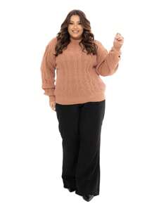 Blusa Tricot Plus Size Basica Gola Redonda Tranças Feminina Fang