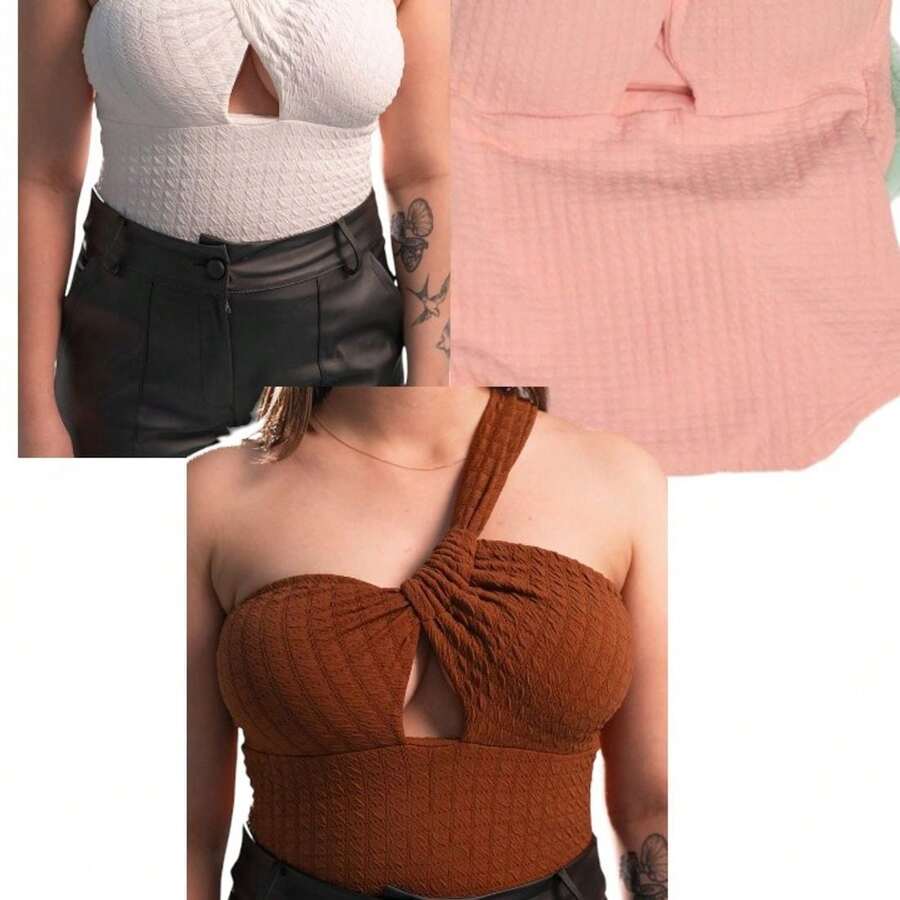 KIT WITH 3 BODYSUITS ONE SHOULDER ONLY MULE MANCA WITH PADDING - TRẮNG + HỒNG BÉ + NÂU - Xem 1