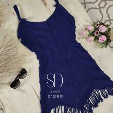 Beach Cover-Up With Fringes And Ocean Waves - Navy Blue - View 1