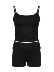 Women 2 Piece Cami Shorts Sets Sexy Spaghetti Strap Crop Top High Waist Shorts Y2k Lounge Outfits Pajamas Sleepwear - 黑色 - 查看 5