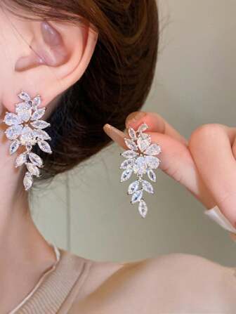 奢华花朵方晶锆石吊坠耳环 2 件女式镀银波西米亚新娘婚礼珠宝礼物送给女友妻子母亲节
