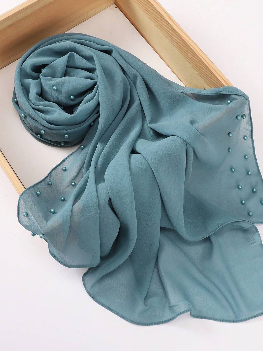 1pc Women's Solid Color Pearl Beaded Chiffon Hijab - Multicolor - View 1