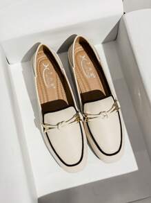 Mengshangli 女式粗跟乐福鞋，方头中跟一脚蹬英伦风格皮鞋，百搭工作鞋 - 米色 - 查看 3