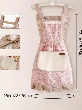 1pc Ditsy Floral Pattern Bib Apron, Oil/Stain Resistant Princess Dress Style