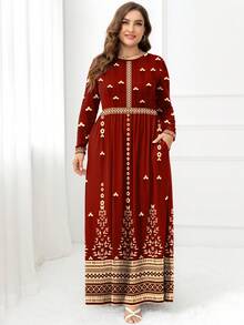 DEARCASE Vestido de manga larga con bolsillo y estampado para talla grande - Burdeos - Ver 3