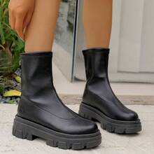 Bốt cổ ngắn mới cho nữ, Bốt ngắn có khóa kéo phía sau màu đen, Bốt đế dày mũi tròn thời trang, Nhiều kiểu dáng, Mùa thu - màu đen - Xem 3