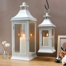 Lot de 2 lanternes à bougies d'extérieur de 50 cm et 33 cm de haut, lanterne tour suspendue vintage, bougeoir en métal pour jardin, salon, intérieur, extérieur, fêtes, mariages, balcon (blanc) - Blanc - Voir 4