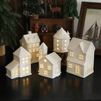 White Christmas Village Houses, White Ceramic Village House Porcelain LED Light Up Christmas House For Decor Home Table Display,New Year Party Decoration,Great New Year's Gift
