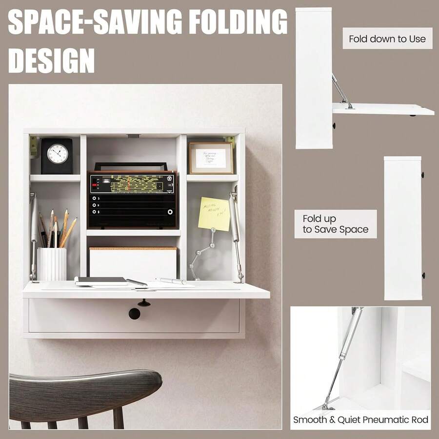 Folding Wall Desk, Wood Wall Mounted Desk With Storage Drawer And