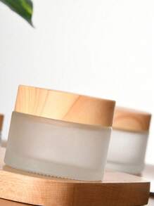 1pc 5/20/30/50g Frosted Glass Skin Care Eye Cream Jar With Wood Grain Cover, Reusable Bottle, Living Room, Family, Bedroom, Bathroom, House Decoration, Face Cream, Eye Cream, Lotion, Cosmetics Bottle, Travel Container, Portable Storage
