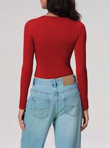 Womens Autumn Slim Cropped Tops, Solid Color Round-Neck Long Sleeve Show Navel T-Shirt - Red - View 6