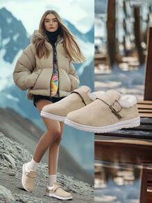 2024 Winter New Suede One-Buckle Round Toe Beige Snow Boots, Unisex Short Boots With Fur Lining, Comfortable And Durable Warm Shoes, Suggest Size Up One - Beige - View 1