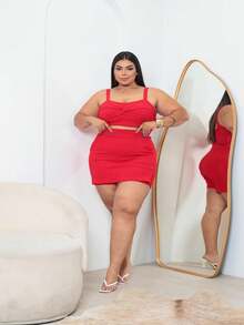 Women's Plus Size Cropped And Short Skirt Set With Pocket, Comfortable And Elegant - Đỏ - Xem 3