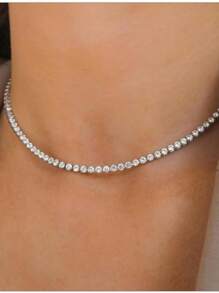 1件时尚银色水钻网球链项链，优雅钻石链项链，适合女性佩戴 - 彩色 - 查看 4