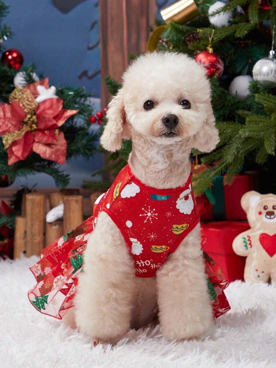 nicovaer 1pc Polyester Fabric Christmas Tree Print Tulle Skirt, Cute