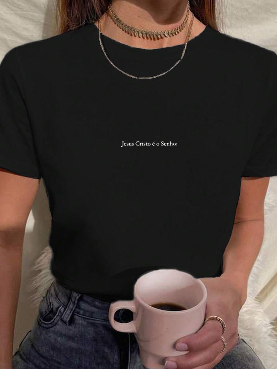 Women's Baby Look T-Shirt Jesus Christ Is The Lord Religious God Faith Various Colors 100% Cotton - 黑色 - 查看 1