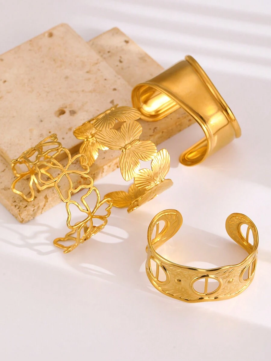 1pc Fashionable New Metal Style Stainless Steel Exaggerated Wide Flower Butterfly Hollow Glossy Open Bracelet Casual And Versatile Bracelet Set Suitable For Women's Daily Banquet Parties Chunky Jewelry - 34020095 - View 1